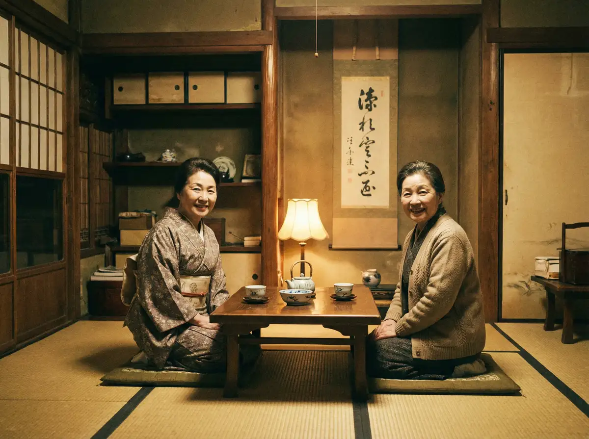 两位优雅的 桥本香菜 在日式茶室中品茶交谈